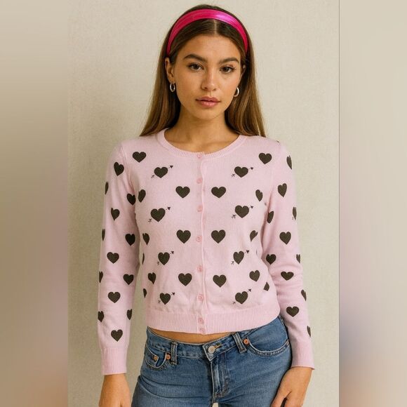 Vtg Powder Pink Button Up Cardigan M Black Hearts Valentine's Crew Neck Y2k - Picture 1 of 9